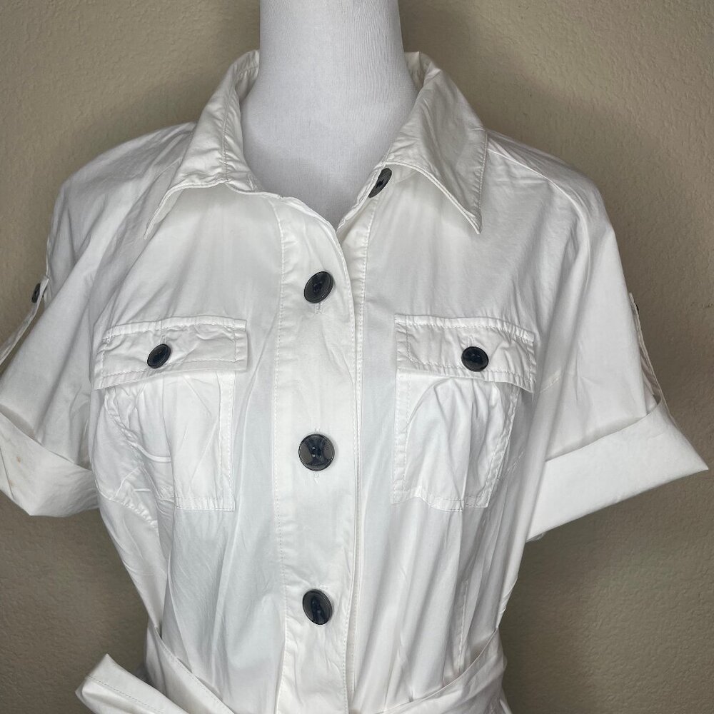 Calvin Klein Utility Shirt Dress White Cotton Belted Safari Cargo Mini L - Picture 3 of 13